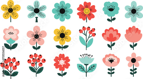 Colorful flat floral vector set, featuring abstract spring and summer flowers, botanical elements, nature-inspired graphic design, ideal for decoration and prints