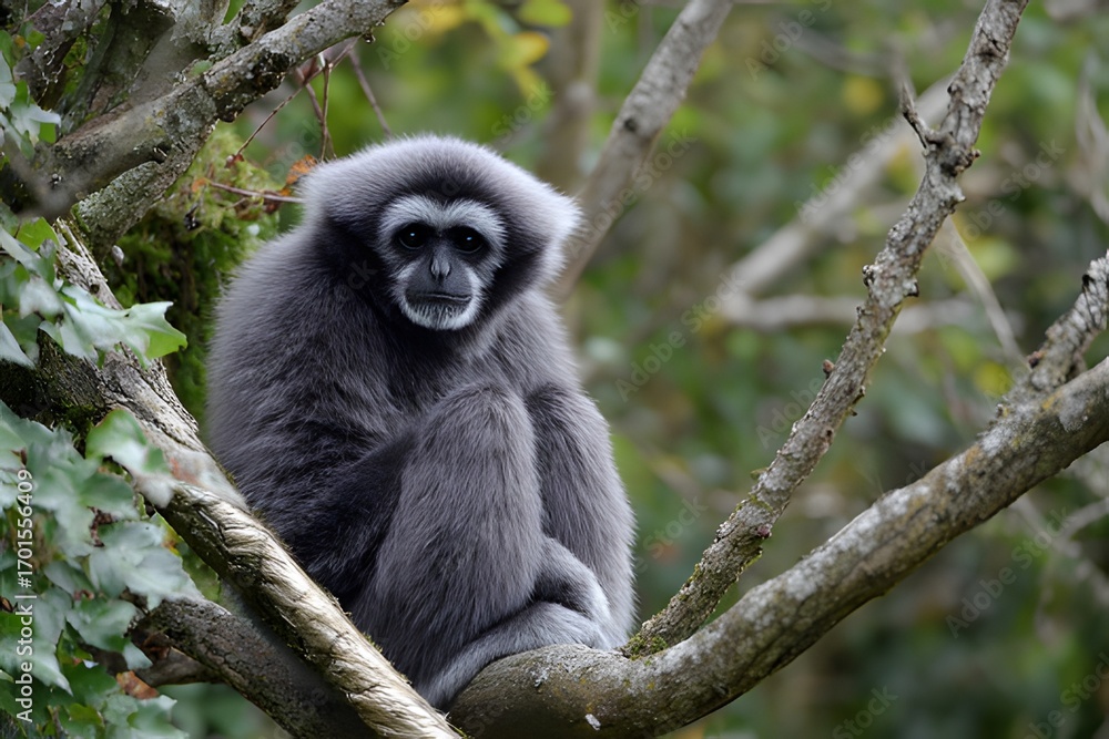 Naklejka premium Agile gibbon monkey sitting on a tree branch in dense tropical forest, captured in natural habitat with soft daylight