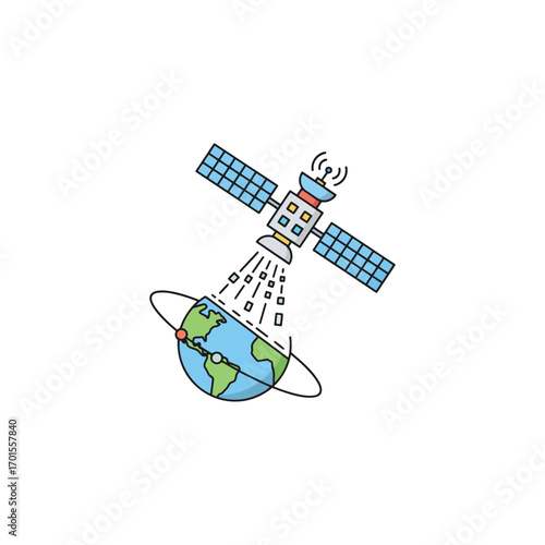 An illustrated satellite with solar panels orbits the Earth, transmitting a signal to a specific location on the planet's surface.