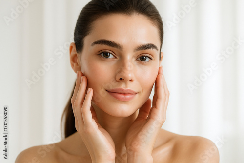 Woman smiling while touching her flawless glowy skin with copy space for your advertisement, skincare	