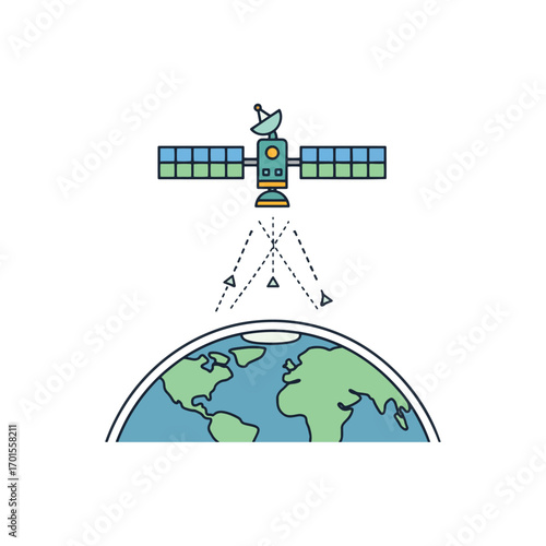 A satellite orbits the Earth, transmitting signals downwards, illustrating global communication and data transfer.