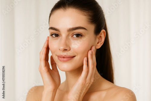 Woman smiling while touching her flawless glowy skin with copy space for your advertisement, skincare	