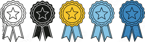 Award ribbon medal icon set with star symbol, achievement recognition badge, competition prize, honor certificate, success excellence design illustration.