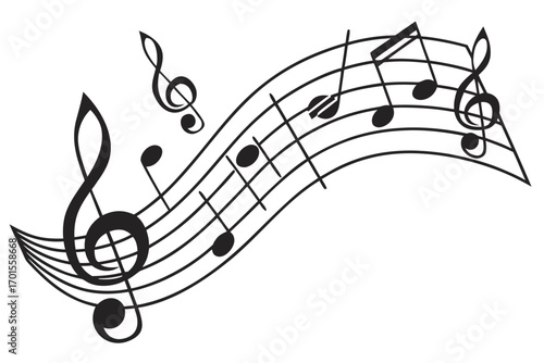 Black and white musical notes and staff on a white background treble clef eighth note