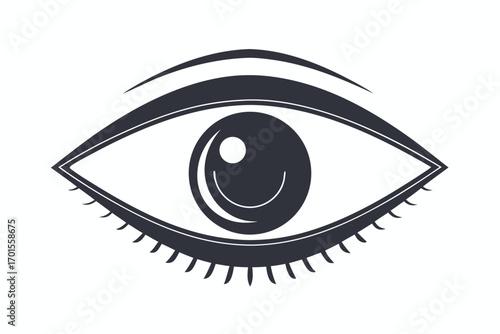 Eye Icon with Dark Iris, Eyelashes, and Brow on White Background Isolated