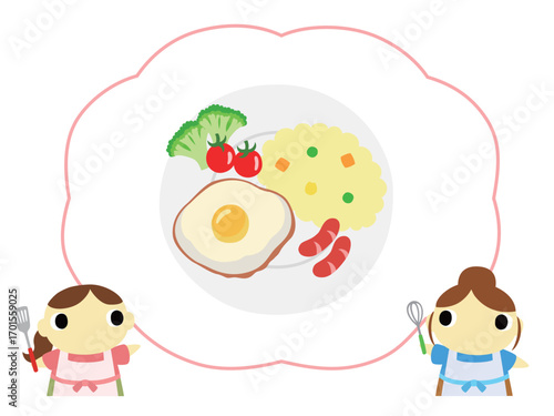 朝食メニューを紹介するエプロン姿の女性　目玉焼き