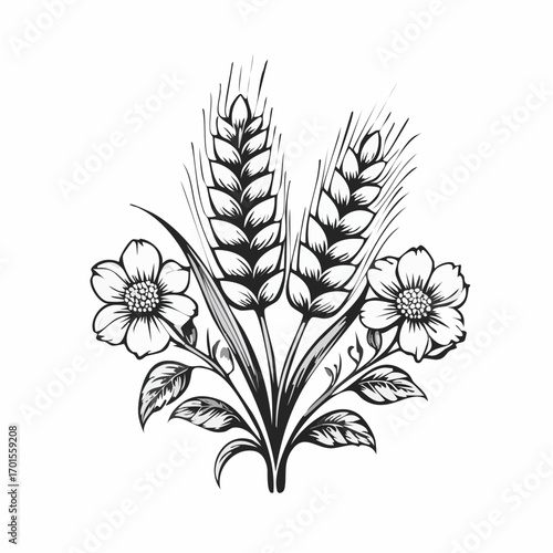 Classic monochrome hand-drawn illustration of wheat ears gracefully intertwined with wildflowers, conveying natural abundance, harvest, and rustic charm