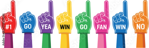 Colorful foam finger fan icons cheering sports team supporters, winning celebration, number one hand gesture, game spirit motivation, crowd energy.