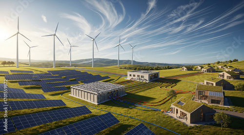 self-sufficient rural community powered by a smart microgrid. The system combines wind turbines and a large solar farm with a battery storage facility to provide sustainable energy.