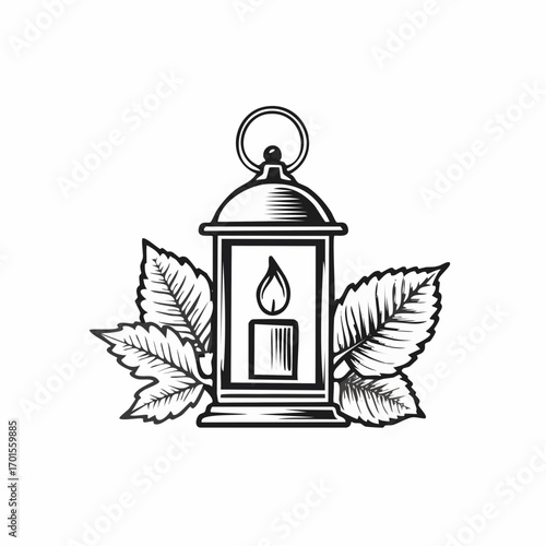 Monochrome illustration of an antique lantern with a flickering candle, surrounded by lush foliage, creating an emblem of serene reflection and enduring light