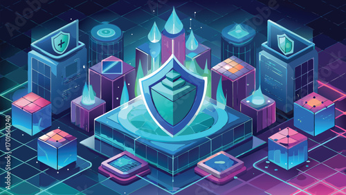 Abstract illustration of cybersecurity concept showcasing digital shield protection and network data elements
