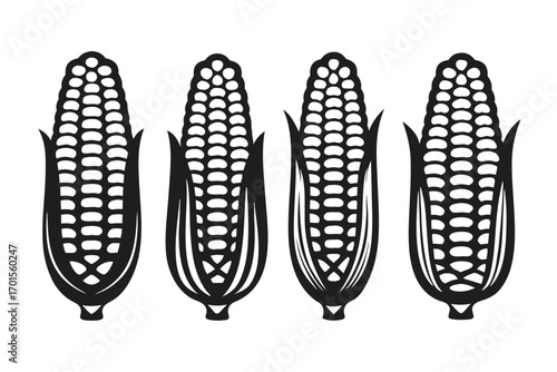 Four Maize Corncobs Silhouettes with Black Husk on a White Background