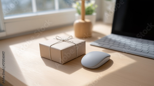 Eco friendly gift box wrapped in brown paper with string on modern desk