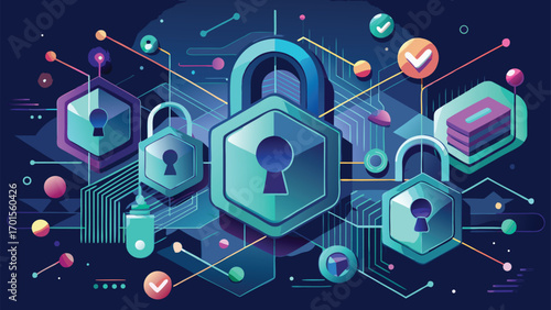 Abstract illustration representing data security and digital protection with padlocks and network connections