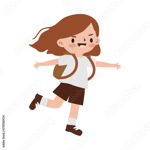 Cute cartoon schoolgirl in uniform running happily with a backpack. Flat vector illustration for education, school, and childhood themes.