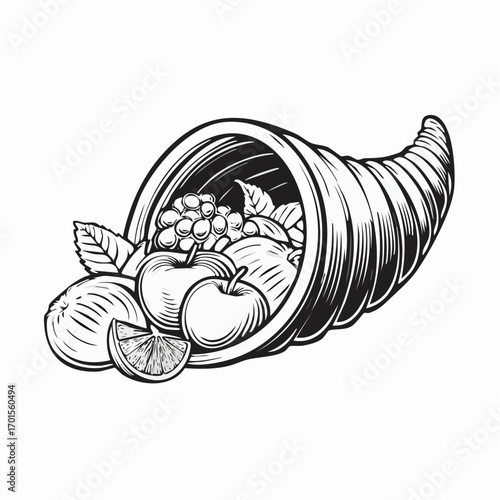 Cornucopia filled with fresh fruits, representing abundance and harvest, a symbol of prosperity and nourishment