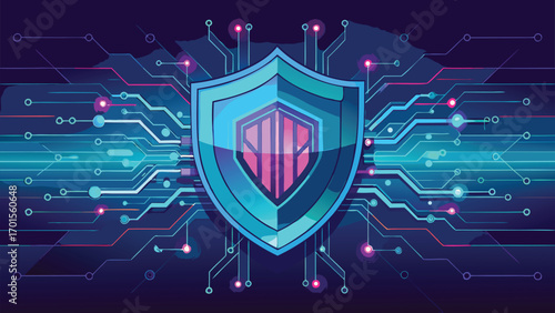 Cyber security digital shield protecting data flow within circuitry representing modern technology safety and innovation.