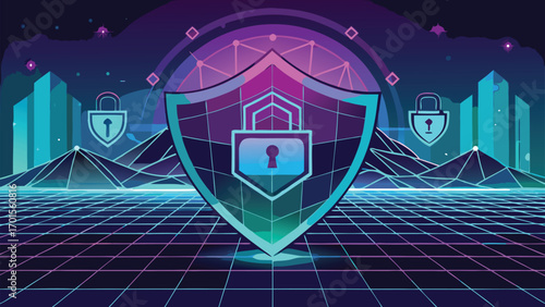 Cyber security illustration showcasing a shielded lock symbol representing digital protection in a futuristic cyberpunk landscape