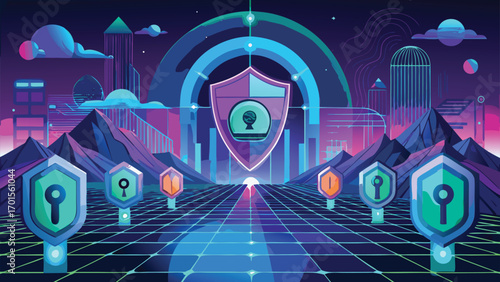 Cyber security landscape illustrated with shields keyholes and geometric futuristic cityscape elements