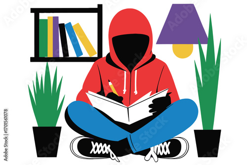 Anonymous person in red hoodie reading a book while sitting cross legged indoors