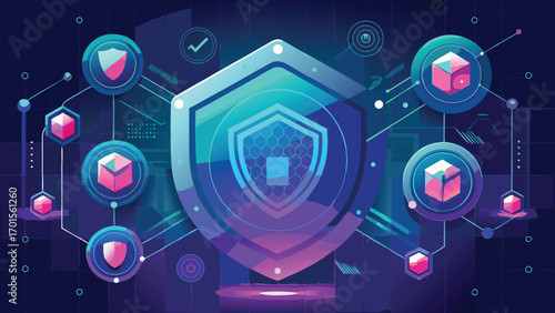 Cyber security shield concept illustrating data protection and digital network safeguarding with modern design elements.