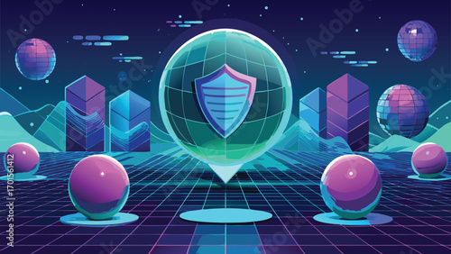 Cyber security shield icon amidst futuristic neon landscape with geometric shapes and glowing orbs illustration