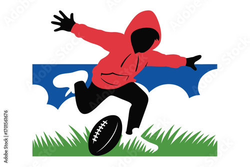 Energetic young person in red hoodie kicking a football on grassy field with abstract background
