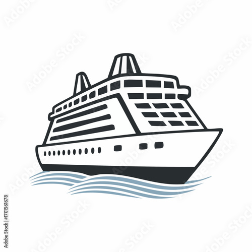 A stylized illustration of a large cruise ship sailing on wavy blue water, symbolizing travel and leisure