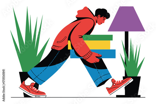 Person in stylish outfit carrying stacked colorful boxes past houseplants and lamp