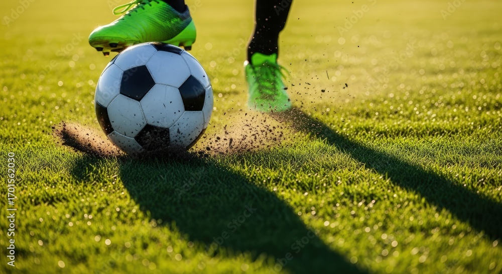 Fototapeta premium closeup of soccer ball being kicked on a vibrant green field, showcasing the action and energy of the sport