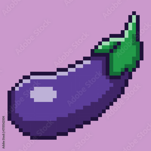 Pixel art icon of an eggplant (or aubergine) in a 8-bit video game aesthetic. Featuring a rich purple body and green stem, a perfect asset for any project requiring a simple retro graphic