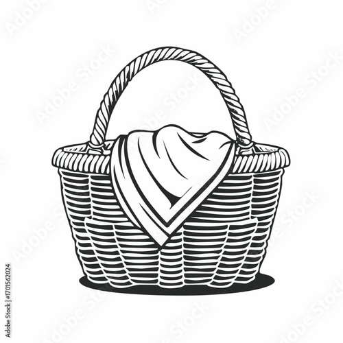 Vintage Wicker Picnic Basket with Cloth Illustration for Outdoor Gatherings and Food Storage