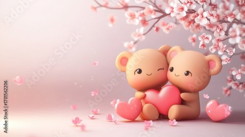 Wallpaper Mural Cute Cartoon Bears Holding Heart Surrounded by Cherry Blossoms Torontodigital.ca