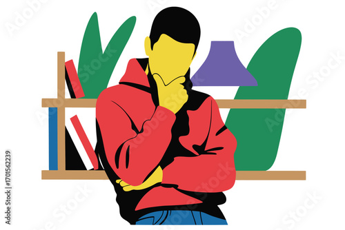 Thoughtful young man in red hoodie contemplating ideas in a minimalist room with books and plants
