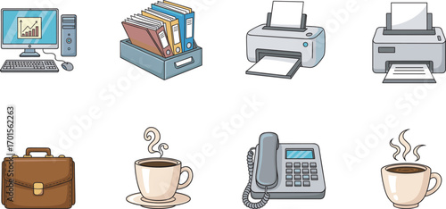 Office equipment icons with computer, printer, scanner, folders, phones, coffee cups, and workplace tools for business, corporate, and admin use