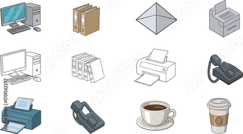 Office equipment icons with computer, printer, scanner, folders, phones, coffee cups, and workplace tools for business, corporate, and admin use