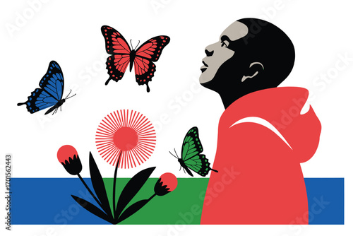 Young black child in red hoodie gazes up at butterflies and flowers in nature