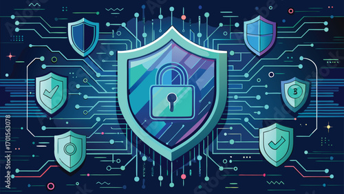 Digital cybersecurity concept showcasing network security protection with shields and padlock on a circuit board backdrop