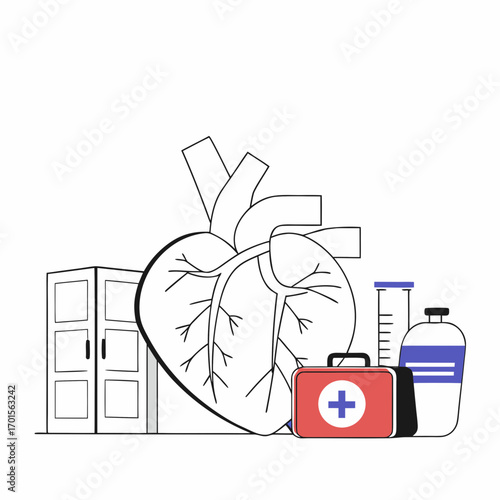 Medical supplies and heart illustration