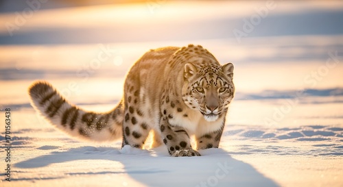 A majestic snow leopard walks across a snow-covered landscape during golden hour, its spotted fur illuminated by the warm sunlight.