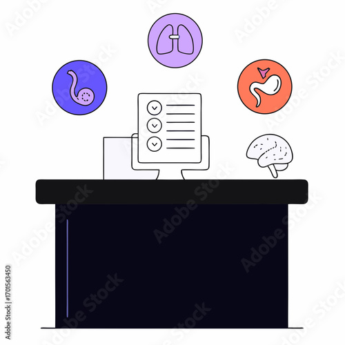 Medical data analysis and organ icons on a desk