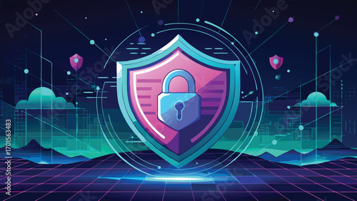 Digital data protection concept illustrating cyber security shield and lock representing privacy and safety on the network
