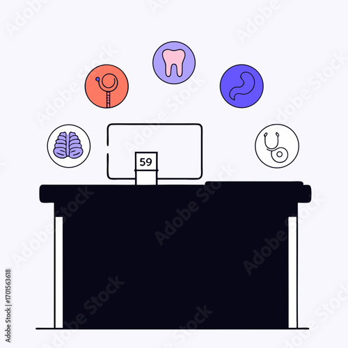 Medical icons surround a computer monitor on a desk