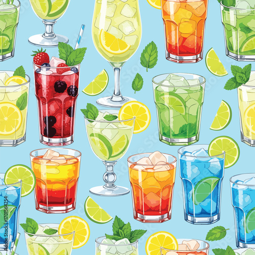 Colorful illustration of various refreshing summer cocktails against a light blue background, patern seamless, Stock royalty.