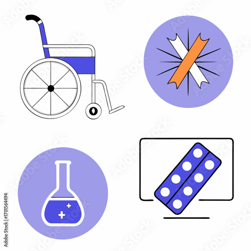 Medical icons wheelchair ribbon flask and pills
