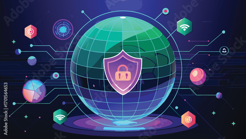Digital security and global protection: conceptual illustration of network safety and data privacy with a shield