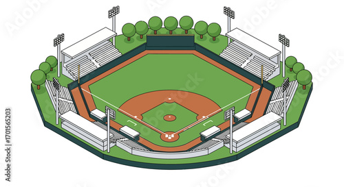 Isometric illustration of a baseball field with green grass, brown base paths, bleachers, trees, and stadium lights.
