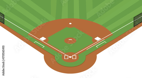 A vector illustration of a baseball field diamond, showing the infield, bases, and foul lines on a green and brown surface.