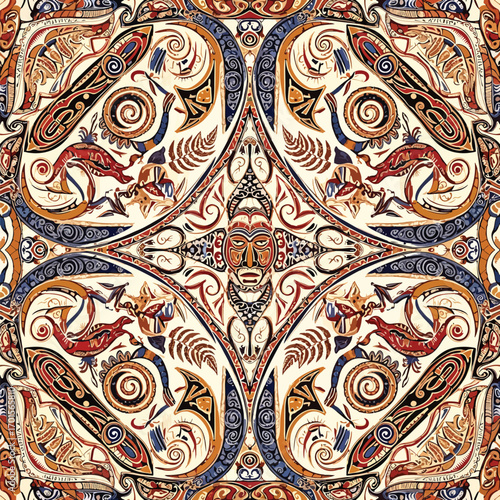 Ornate pattern featuring tribal mask and mythological creatures in symmetrical design, patern seamless, Stock royalty.