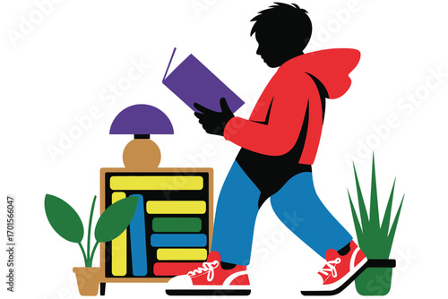 Young person in red hoodie reading a book while standing indoors near plants and furniture